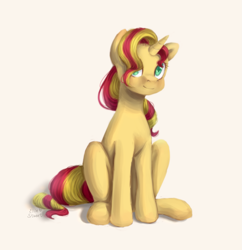 Size: 1971x2037 | Tagged: safe, artist:pony-ellie-stuart, sunset shimmer, pony, unicorn, colored pupils, cute, female, mare, pink background, shimmerbetes, simple background, sitting, solo