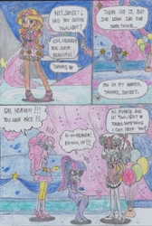 Size: 1407x2091 | Tagged: safe, artist:nephilim rider, pinkie pie, sci-twi, sunset shimmer, twilight sparkle, oc, oc:heaven lost, better together, equestria girls, twilight under the stars, comic, traditional art