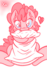 Size: 900x1385 | Tagged: safe, artist:fluffyxai, pinkie pie, earth pony, pony, cute, heart, pillow, solo