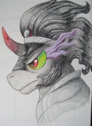 Size: 2585x3536 | Tagged: safe, artist:anime-wolf-fan-girl, derpibooru import, king sombra, pony, unicorn, black mane, male, sharp teeth, sombra eyes, stallion, traditional art