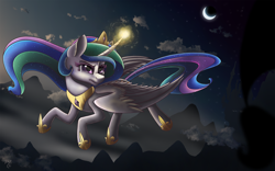 Size: 1920x1200 | Tagged: safe, artist:midnightsix3, princess celestia, alicorn, pony, canterlot, crying, flying, magic, moon, mountain, night, solo, stars