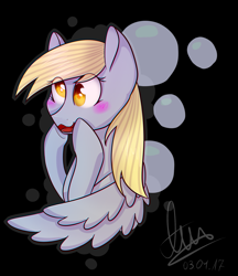 Size: 2321x2689 | Tagged: safe, artist:amyszek, derpy hooves, pegasus, pony, black background, blushing, cutie mark, cutie mark background, eye clipping through hair, female, mare, open mouth, simple background, solo