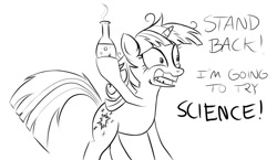 Size: 1100x640 | Tagged: safe, artist:ponytron5000, derpibooru import, twilight sparkle, grin, hoof hold, insanity, lineart, messy mane, monochrome, potion, science, sketch, smiling, solo, standing, twilight snapple, wide eyes