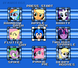 Size: 257x225 | Tagged: safe, artist:marcorois, applejack, derpy hooves, fluttershy, pinkie pie, rainbow dash, rarity, spike, twilight sparkle, alicorn, dragon, earth pony, pegasus, pony, unicorn, mane six, megaman, megaman (character), pixel art, video game