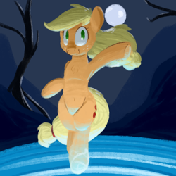 Size: 700x700 | Tagged: safe, artist:goat train, applejack, earth pony, pony, bipedal, chest fluff, glow, hatless, lake, looking at you, missing accessory, moon, night, solo, windswept mane