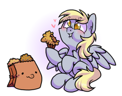 Size: 1050x830 | Tagged: safe, artist:paperbagpony, derpy hooves, oc, oc:paper bag, pegasus, pony, cute, derpabetes, derpy fucking kills paperbagpony, eating, food, golden eyes, heart, muffin, paper bag, puffy cheeks, simple background, that pony sure does love muffins