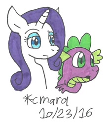 Size: 574x661 | Tagged: safe, artist:cmara, rarity, spike, dragon, pony, unicorn, female, horn, male, mare, traditional art