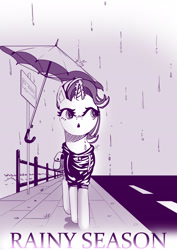 Size: 2480x3508 | Tagged: safe, artist:naafreelanceartist, starlight glimmer, pony, unicorn, bag, clothes, glowing horn, hoodie, horn, monochrome, rain, road, saddle bag, solo, umbrella