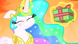 Size: 1345x765 | Tagged: safe, artist:pokeblahblahblah, princess celestia, alicorn, pony, eyes closed, magic, present, smiling, solo, telekinesis