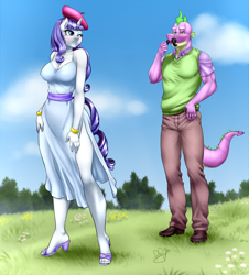 Size: 700x773 | Tagged: safe, artist:pia-sama, rarity, spike, anthro, plantigrade anthro, accessories, beatnik rarity, blushing, clothes, collarbone, commission, dress, facial hair, feet, field, hat, high heels, looking back, looking over shoulder, male, moustache, muscles, older, older spike, one eye closed, pants, sandals, shipping, shoes, side slit, sparity, straight, wink
