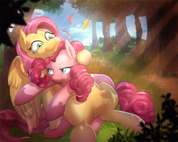 Size: 1100x880 | Tagged: safe, artist:mrscurlystyles, artist:vest, fluttershy, pinkie pie, earth pony, pegasus, pony, collaboration, cuddling, female, flutterpie, lesbian, mare, shipping, smiling, snuggling