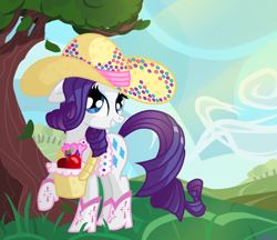 Size: 1100x950 | Tagged: safe, artist:sunsetcrady, rarity, pony, unicorn, apple, basket, fruit, hat, raised hoof, scenery, solo, tree