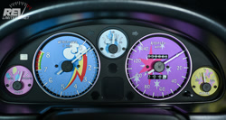 Size: 980x521 | Tagged: safe, derpibooru import, fluttershy, pinkie pie, rainbow dash, rarity, twilight sparkle, background pony applejack, car, cutie mark, dashboard, no pony, speedometer