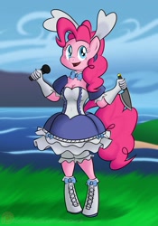 Size: 1400x2000 | Tagged: safe, artist:xain-russell, pinkie pie, anthro, bravely default, knife, microphone, performer, solo