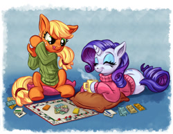 Size: 2000x1549 | Tagged: safe, artist:harwick, applejack, rarity, earth pony, pony, unicorn, board game, clothes, coffee mug, dice, eyes closed, female, lesbian, mare, monopoly, mug, pillow, prone, rarijack, rarijack daily, shipping, shirt, smiling, sweater, this will end in tears, tongue out