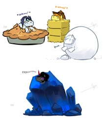 Size: 1024x1210 | Tagged: safe, artist:bgn, derpibooru import, braeburn, double diamond, king sombra, soarin', pony, unicorn, bruh, crystal, hay bale, hayburn, horse noises, meme, pie, snow, snowball, stuck, that pony sure does love crystals, that pony sure does love pies, whinny