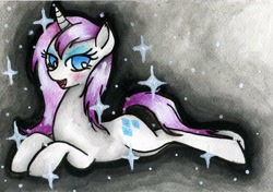 Size: 2588x1827 | Tagged: safe, artist:nabirar, rarity, pony, unicorn, prone, solo, traditional art, wet, wet mane, wet mane rarity