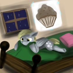 Size: 1000x1000 | Tagged: safe, artist:lirazio, derpy hooves, pegasus, pony, bed, female, mare, night, prone, sad, solo, window