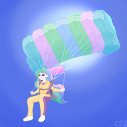 Size: 2500x2500 | Tagged: safe, artist:phallen1, princess celestia, principal celestia, equestria girls, clothes, flying, jumpsuit, parachute, skydiving, solo, summer sun celebration, sun