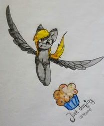 Size: 813x983 | Tagged: safe, artist:moon-wing, derpy hooves, pegasus, pony, female, flying, food, mare, muffin, solo, tongue out, traditional art