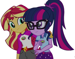 Size: 2048x1626 | Tagged: safe, edit, edited screencap, editor:php77, screencap, sci-twi, sunset shimmer, twilight sparkle, equestria girls, legend of everfree, background removed, camp everfree outfits, duo, female, hand on shoulder, not a vector, simple background, transparent background