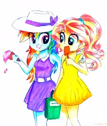 Size: 1514x1780 | Tagged: safe, artist:liaaqila, rainbow dash, sunset shimmer, equestria girls, alternate costumes, alternate hairstyle, clothes, dress, food, hat, ice cream, popsicle, rainbow dash always dresses in style, sleeveless, traditional art