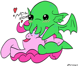 Size: 1000x846 | Tagged: safe, artist:earthenhoof, derpibooru import, pinkie pie, earth pony, pony, beady eyes, blushing, chibi, cthulhu, female, heart, lying down, male, monster, nom, open mouth, salivating, tentacles, text, wings