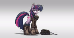 Size: 2500x1307 | Tagged: safe, artist:ncmares, derpibooru import, twilight sparkle, pony, unicorn, badass, bag, boots, clothes, dirty, fanfic art, female, jacket, looking at you, mare, necklace, night shift, saddle bag, smirk, solo