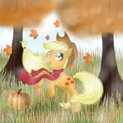 Size: 894x894 | Tagged: safe, artist:chanceyb, applejack, earth pony, pony, autumn, autumn leaves, clothes, field, grass, grass field, leaves, pumpkin, rearing, scarf, smiling, solo, standing, tree