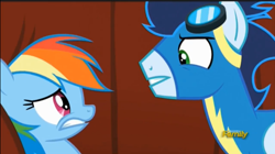 Size: 1918x1076 | Tagged: safe, derpibooru import, screencap, rainbow dash, soarin', pegasus, pony, rarity investigates, eye contact, frown, glare, gritted teeth, scared