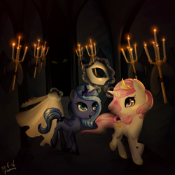 Size: 1000x1000 | Tagged: safe, artist:yuntaoxd, princess celestia, princess luna, alicorn, pony, candle, candlelight, castle, castle of the royal pony sisters, cewestia, crossover, cute, female, filly, hall of hooves, hallway, levitation, looking back, magic, open mouth, phantom of the opera, pink-mane celestia, raised hoof, raised leg, smiling, telekinesis, walking, woona, younger