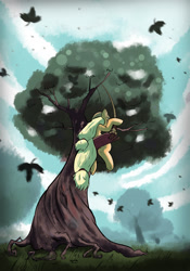 Size: 840x1200 | Tagged: safe, artist:azzy-cola, applejack, earth pony, pony, autumn, solo, swing, tree