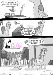 Size: 1240x1754 | Tagged: safe, artist:lunarcakez, phyllis, spike, starlight glimmer, twilight sparkle, twilight sparkle (alicorn), alicorn, dragon, pony, comic:a dim glow, bag, comic, inkwell, magic, monochrome, neo noir, partial color, quill, saddle bag, watering can