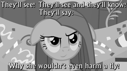 Size: 853x480 | Tagged: safe, edit, screencap, pinkie pie, earth pony, pony, black and white, caption, grayscale, parody, pinkamena diane pie, psycho