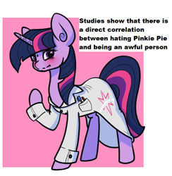 Size: 806x827 | Tagged: safe, artist:otterlore, derpibooru import, pinkie pie, twilight sparkle, earth pony, pony, fanfic:researcher twilight, clothes, fanfic, fanfic art, joke, lab coat, research, solo, studies