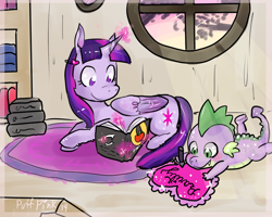 Size: 1000x800 | Tagged: safe, artist:puffpink, derpibooru import, spike, twilight sparkle, twilight sparkle (alicorn), alicorn, dragon, pony, book, female, magic, mare, twilight (series)