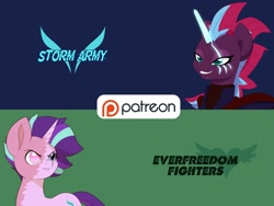 Size: 1600x1200 | Tagged: safe, alternate version, artist:chedx, starlight glimmer, tempest shadow, pony, unicorn, comic:the storm kingdom, advertisement, alternate design, alternate hairstyle, alternate timeline, alternate universe, comic, crystal of light, everfreedom fighters, fanfic, patreon, patreon logo, paywall content, storm army, wallpaper