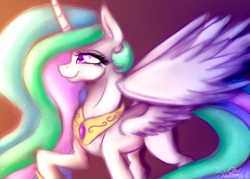 Size: 700x500 | Tagged: safe, artist:fanaticpanda, princess celestia, alicorn, pony, female, horn, mare, missing accessory, multicolored mane, multicolored tail, solo, white coat, white wings, wings