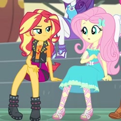 Size: 440x438 | Tagged: safe, applejack, fluttershy, pinkie pie, rarity, sunset shimmer, better together, equestria girls, overpowered (equestria girls), boots, clothes, cute, dress, eyeliner, feet, hairpin, high heel boots, high heels, jacket, makeup, offscreen character, raised eyebrow, sandals, shoes, skirt, smugset shimmer