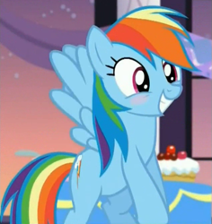 Size: 633x670 | Tagged: safe, derpibooru import, screencap, rainbow dash, pegasus, pony, rarity investigates, blushing, cute, dashabetes, female, flying, grin, mare, smiling, solo