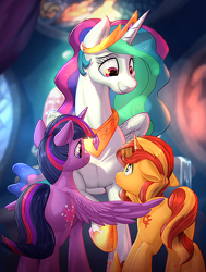 Size: 750x990 | Tagged: safe, artist:caboni32, artist:lumineko, artist:vest, princess celestia, sunset shimmer, twilight sparkle, twilight sparkle (alicorn), alicorn, pony, unicorn, comic:worship the sun 2, equestria girls, equestria girls series, forgotten friendship, canterlot, crown, female, floppy ears, forgiveness, guilty, hoof shoes, jewelry, looking at each other, mare, momlestia fuel, peytral, plot, raised hoof, regalia, reunion, scared, scene interpretation, smiling, spread wings, the prodigal sunset, trio, wings