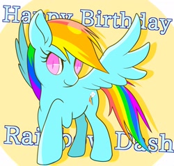 Size: 2048x1954 | Tagged: safe, artist:ppokr_sc, derpibooru import, rainbow dash, pegasus, pony, female, happy birthday, mare, rainbow dash day, simple background, solo