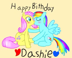 Size: 931x743 | Tagged: safe, artist:applelovepony, derpibooru import, fluttershy, rainbow dash, pegasus, pony, blushing, eyes closed, female, flutterdash, happy birthday, kissing, lesbian, rainbow dash day, shipping