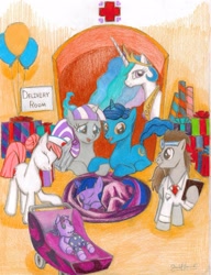 Size: 2423x3153 | Tagged: safe, artist:invalid-david, night light, nurse redheart, princess celestia, smarty pants, twilight sparkle, twilight velvet, alicorn, pony, baby, balloon, doctor, filly, hospital, newborn, rug, sleeping, stroller, traditional art