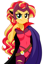 Size: 1000x1440 | Tagged: safe, artist:rosemile mulberry, sunset shimmer, equestria girls, belt, cape, catra, clothes, cosplay, costume, female, heterochromia, she-ra, she-ra and the princesses of power, simple background, solo, white background