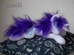 Size: 1600x1200 | Tagged: safe, artist:valmiiki, rarity, eyes closed, irl, lying down, messy mane, photo, pillow, plushie, solo