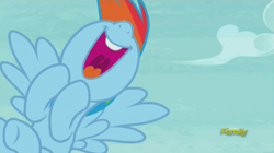 Size: 1112x622 | Tagged: safe, derpibooru import, screencap, rainbow dash, pegasus, pony, rarity investigates, cheering, cute, open mouth, solo, volumetric mouth