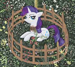 Size: 681x612 | Tagged: safe, artist:pedantia, rarity, pony, unicorn, annoyed, collar, fence, fine art parody, floppy ears, frown, glare, grass, looking at you, meadow, prone, solo, the hunt of the unicorn, the unicorn in captivity, unamused