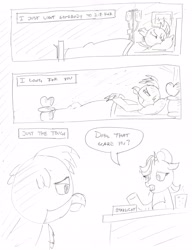 Size: 2479x3229 | Tagged: safe, artist:sketchwork_gd_inuk, gallus, silverstream, starlight glimmer, griffon, hippogriff, pony, unicorn, alone, bed, black and white, comic, concerned, female, gallstream, grayscale, hospital room, in bed, male, monochrome, sad, sam smith, shipping, sketch, song reference, straight