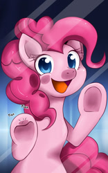 Size: 707x1131 | Tagged: safe, artist:theunununium, pinkie pie, earth pony, pony, cute, diapinkes, female, fourth wall, glass, looking at you, mare, open mouth, smiling, solo, underhoof